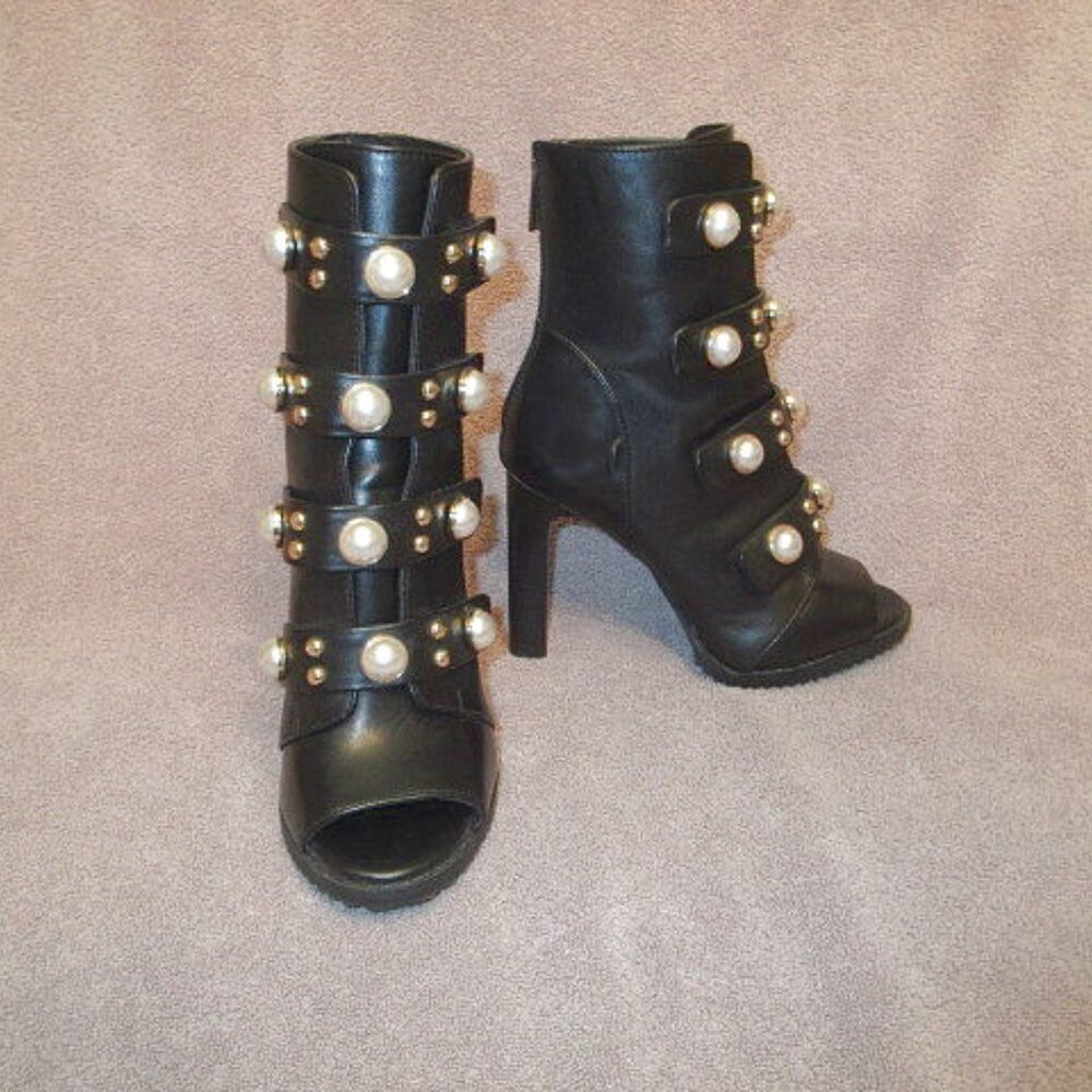 Karl Lagerfeld Leather Boots Size 6 Pearl Lug Sole Gladiator Heel Victorian Goth